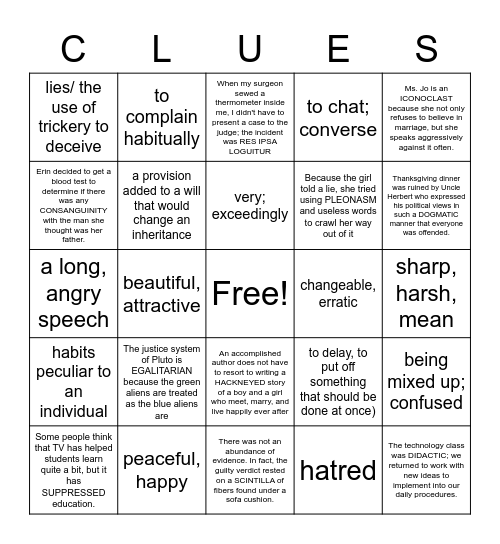 context clues Bingo Card