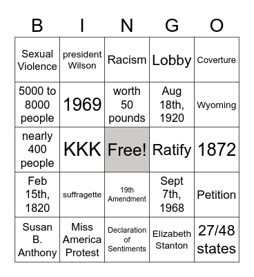Women's Suffrage Bingo Card