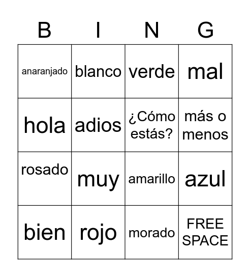 Colors Bingo Card