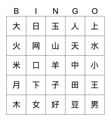 Chinese characters Bingo Card