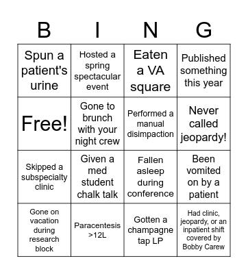 Medicine Resident Bingo Card