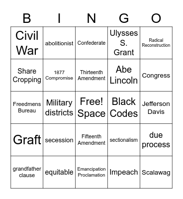 Reconstruction Era Bingo Card