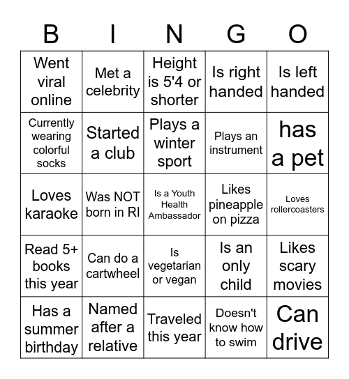 YHA BINGO Card