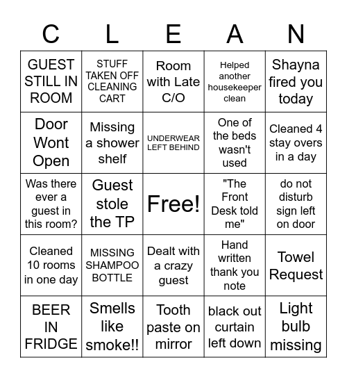 Housekeeping Bingo Card