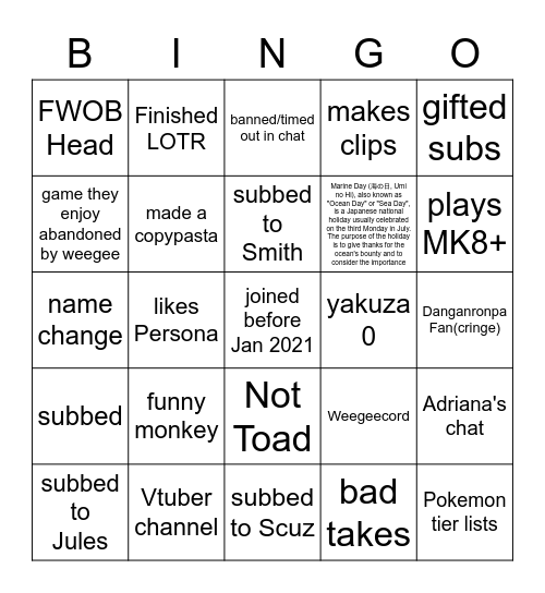 Weegeecord bingo Card