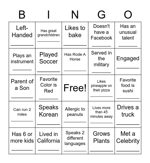 Getting to Know You Bingo Card