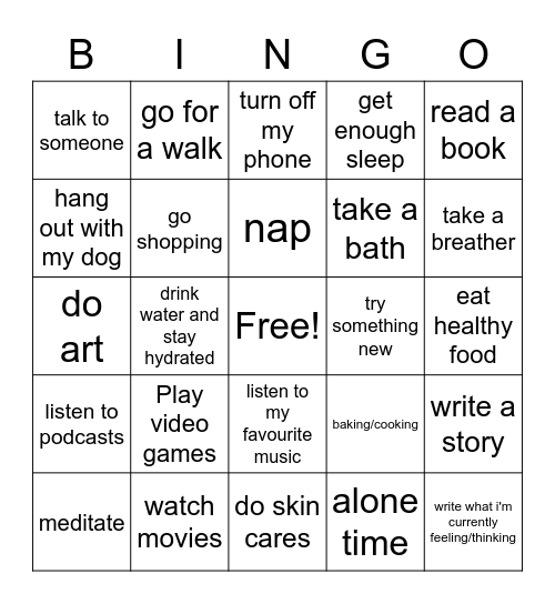 Self-care Bingo Card