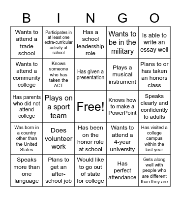 College and Career Bingo Card