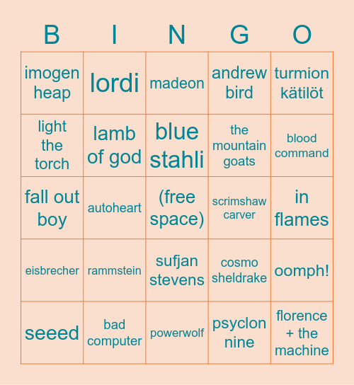 music Bingo Card