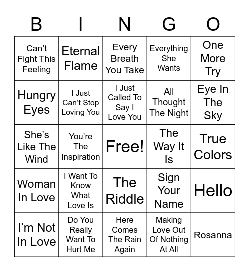 80's BALLADS - Outside Walls For Bingo Card