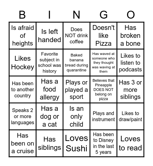 Get to know your Peers! Bingo Card