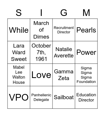 Tri Sigma Bingo Card