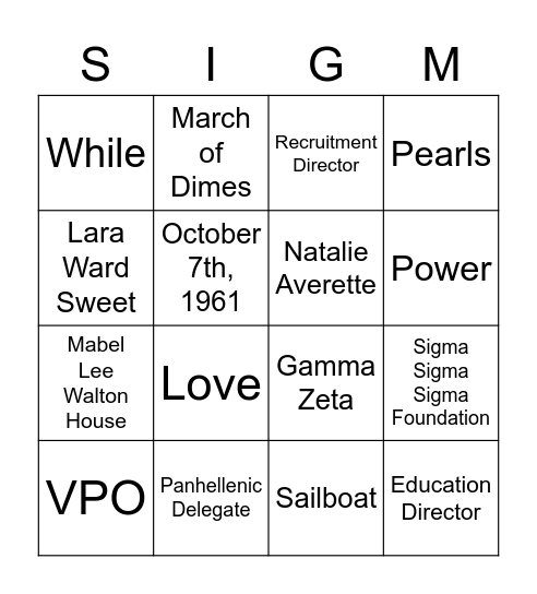 Tri Sigma Bingo Card