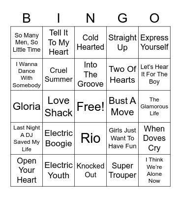 80's WORKOUT - Letter (X) for Bingo! Bingo Card