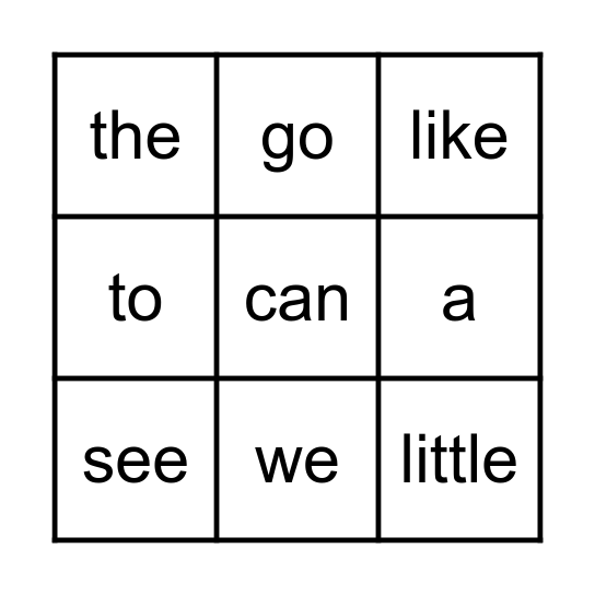 Sight Word Bingo Card