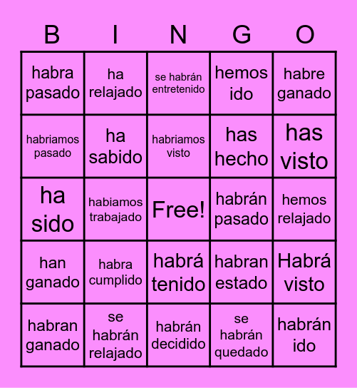 Futuro Perfecto Activity 3 Bingo Card