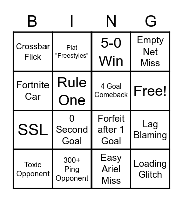 Rocket League Bingo Card