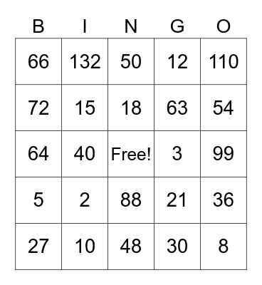 Math Facts Bingo Card