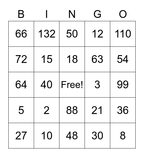 Math Facts Bingo Card