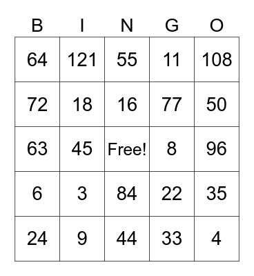 Bingo 2 Math Facts Bingo Card