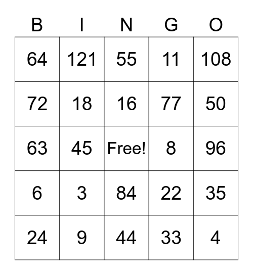 Bingo 2 Math Facts Bingo Card