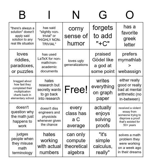 sinful mathematician bingo Card