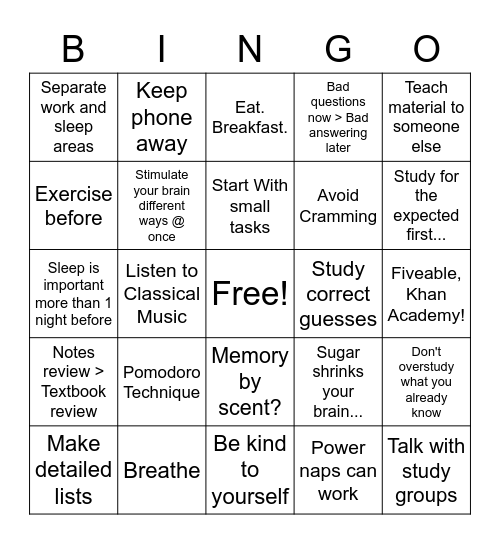Pysch/Neuroscience Backed Study Hacks Bingo Card