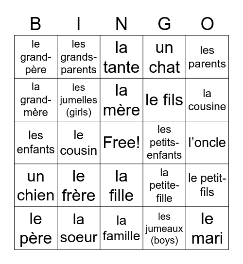 La Famille Français Bingo Card