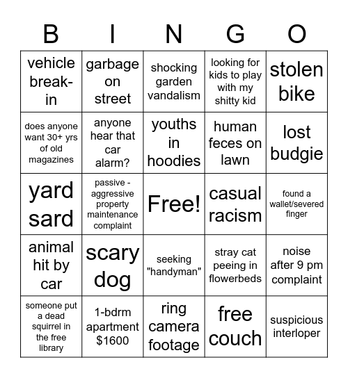 neighborhood group Bingo Card