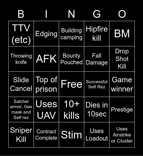 Warzone Rebirth Bingo Card