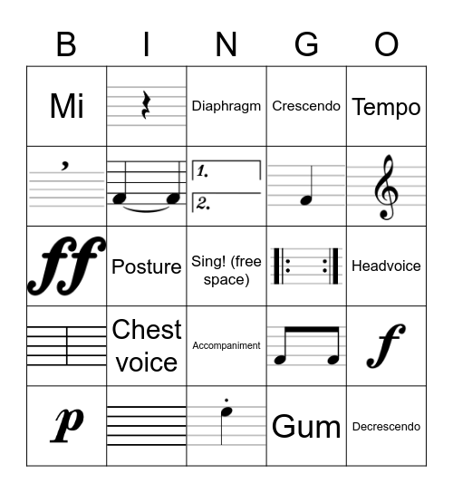 Basic Music Notation Bingo Card