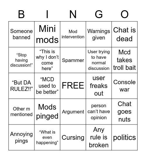 MCD Thursday Bingo Card