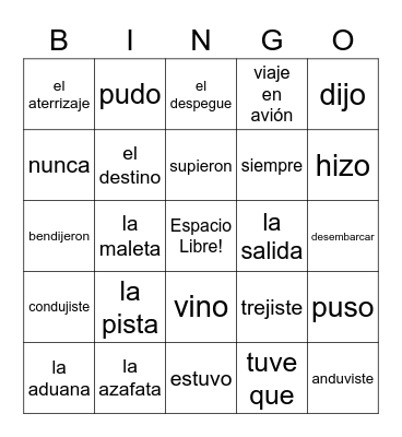 Spanish 2 Chapter Bingo Card