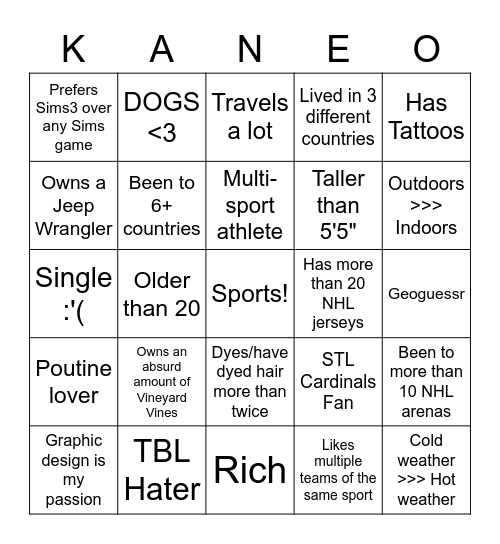 KANE-O Bingo Card