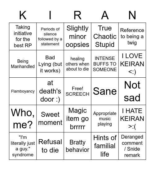 Keiran Bingo Card