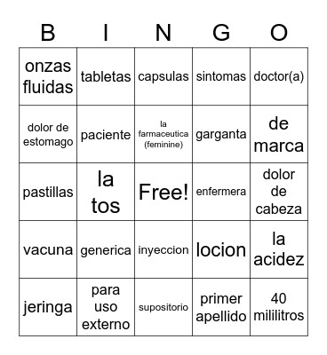 Spanish in Pharmacy Bingo Card