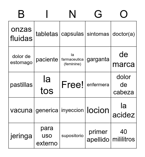 Spanish in Pharmacy Bingo Card