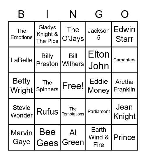 70's Throwback Music Bingo Card