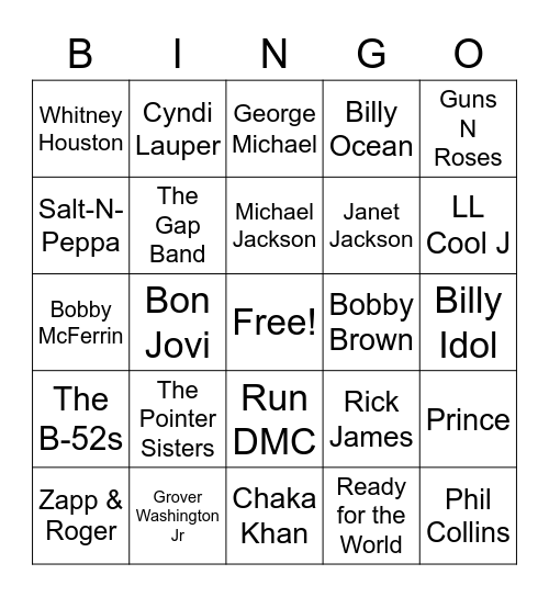 80's Throwback Music Bingo Card