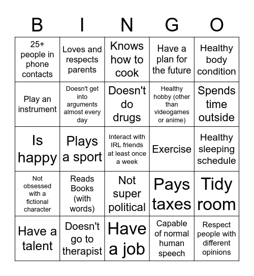 Normal Human Bingo Card