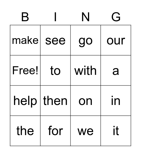 Sight Words Bingo Card