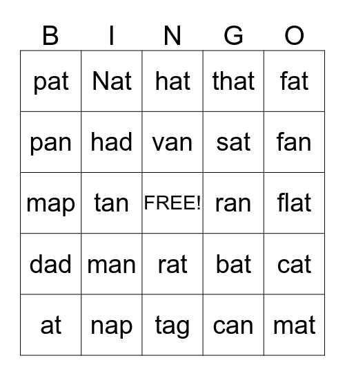 Short "a"   Bingo Card