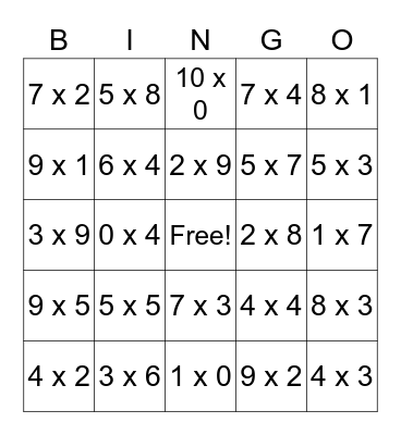 Multiplication Bingo Card