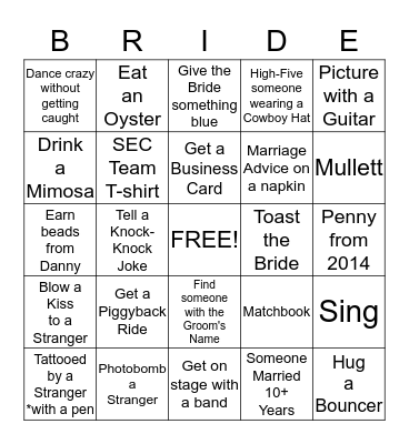 Christy's Bacholorette Bingo Card