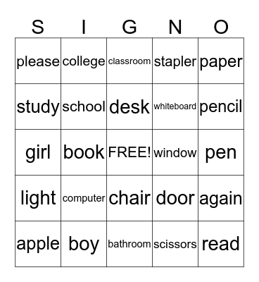 Classroom Vocab 1 Bingo Card