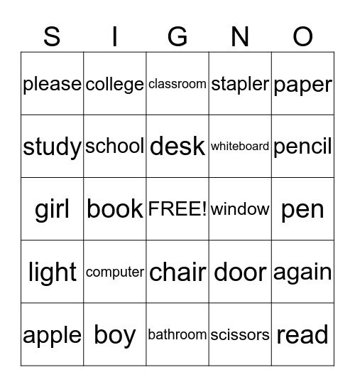 Classroom Vocab 1 Bingo Card