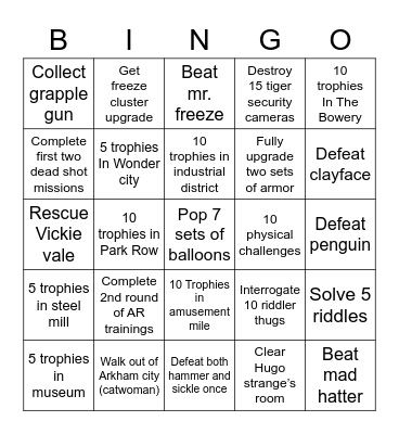 Batman: Arkham City Bingo Card