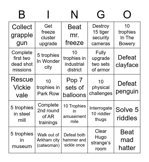 Batman: Arkham City Bingo Card