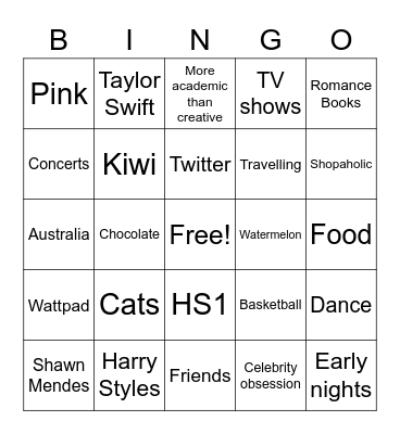 Natalie Bingo Card