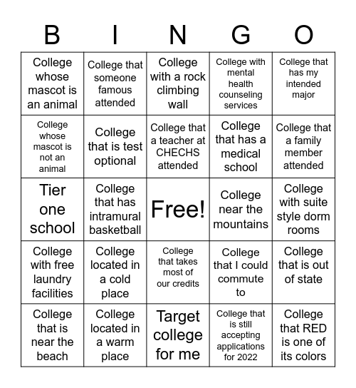 College Fair Bingo Card